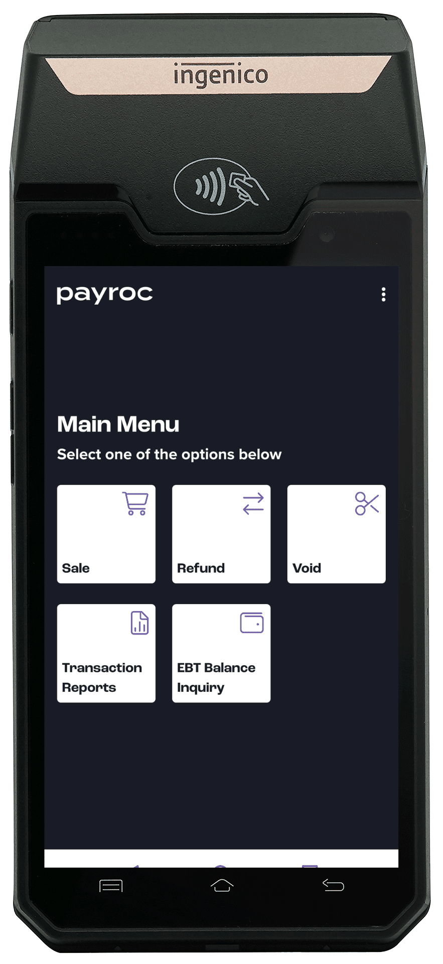 Ingenico payment terminal displaying main menu options like Sale, Refund, Void, and others.