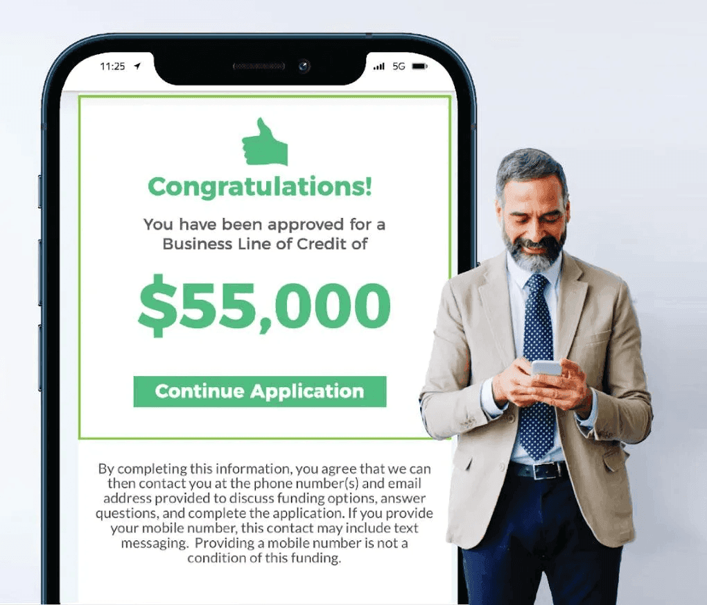 Man smiling at phone next to a screen showing approval for $55,000 line of credit.